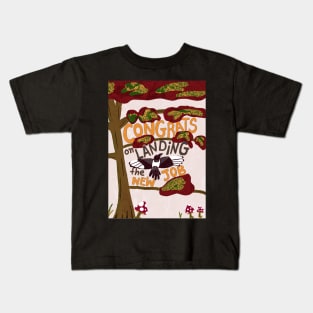 Congrats on Landing the New Job with flying magpie jackdaw raven bird and fly agaric mushrooms - red, yellow Kids T-Shirt